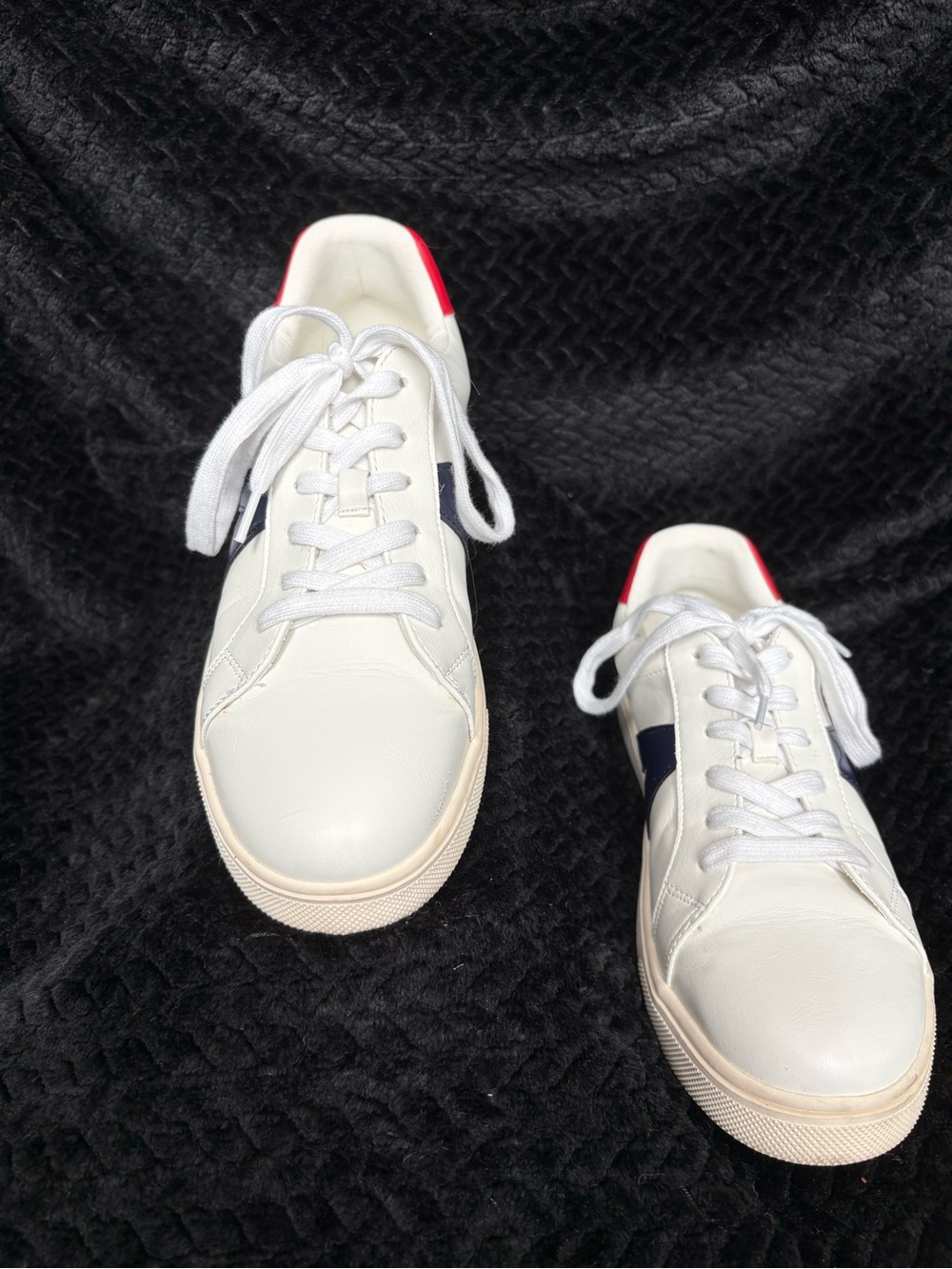 Mia White Leather Sneakers with Navy Stripe and Red Heel